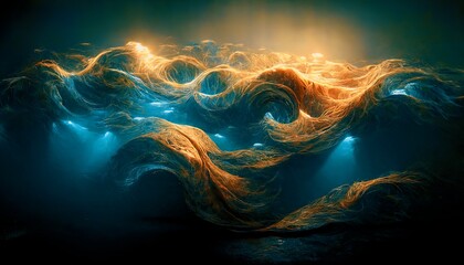 Spectacular abstract of silk is shaped like rough ocean waves, and light from above shines through the edges to make them glow. Digital art 3D illustration.