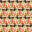 © MRK STUDIO - Halloween orange festive seamless pattern. Endless background with pumpkins, skulls, bats, spiders, ghosts, bones, candies, spider web and speech bubble with boo