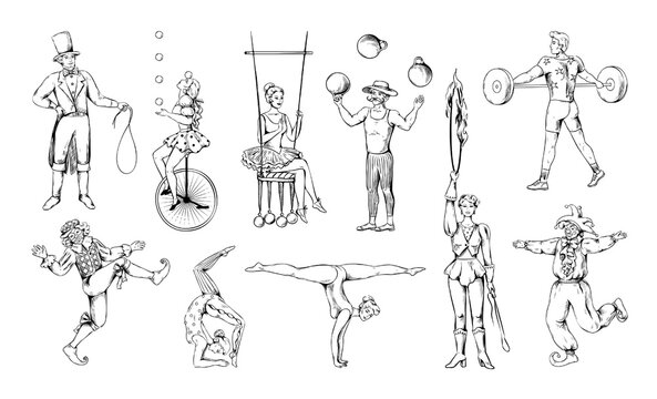 Wall Mural - Vintage circus clown. Man balancing on unicycle. Contortionist juggling balls. Acrobat or equilibrist. Actors performance. Athlete with barbell. Retro drawing. Vector doodle sketch set