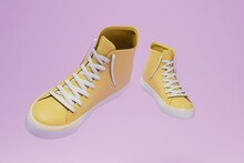 Beautiful Sports Shoes For Any Outfit. Yellow Sneakers On A Purple Background. 3d Render. 3d Illustration