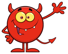 Happy Red Devil Cartoon Emoji Character Waving For Greeting. Hand Drawn Illustration Isolated On Transparent Background