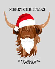 Wall Mural - Portrait of Highland Cattle, Merry Christmas New Year Card. Cute Head of Scottish Cattle Christmas Hat White Beard. Element for Logo, Poster, Card, Banner, Emblem, t shirt. Vector illustration.