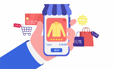 Wall Mural - Buying clothing items using a mobile app. ecommerce concept. online shopping. Vector Illustration.