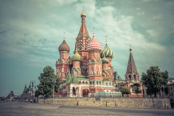 Wall Mural - St Basil’s cathedral on Red Square, Moscow, Russia. Vintage style photo
