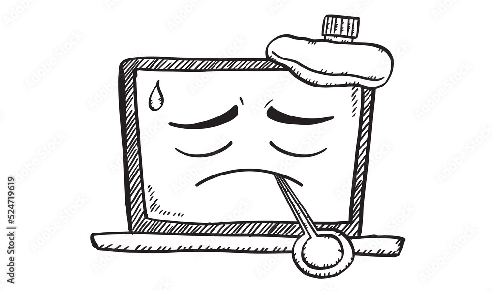 Black and white doodle illustration of sick laptop with thermometer and ...