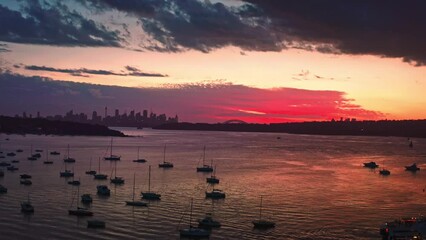 Wall Mural - Sydney marina at sunset twilight. Boats in harbour and city skyline silhouettes