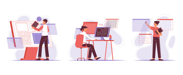 Flat IT developers and programmers, outline software engineers. Programming developers coding and testing products flat vector illustration set. Software engineers scenes