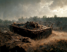 3D Illustration Of A Wrecked Tank After The Battle