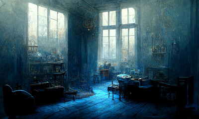 Wall Mural - old abandoned blue room , cinematic moody atmospher , digital illustration,