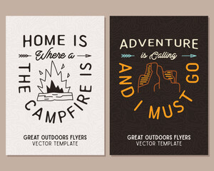 Wall Mural - Camping flyer templates. Travel adventure posters set with line art and flat emblems and quotes - adventure is calling and i must go. Summer A4 cards for outdoor parties. Stock vector