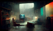 Abandoned Cyberpunk Room , Cinematic Gloomy Atmospher , Digital Illustration,