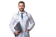 © be free - Telehealth doctor isolated on white. Medical man holding laptop. Telehealth care. Ehealth. Emedicine