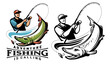 Fisherman caught big fish pike on spinning rod. Sport fishing, outdoor activities emblem. Vector illustration isolated
