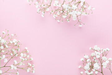 Wall Mural - Beautiful flower background of pink gypsophila flowers. Flat lay, top view. Floral pattern.