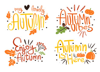 Hello Autumn vector hand drawn lettering design. Fall Welcome banner calligraphy phrase.