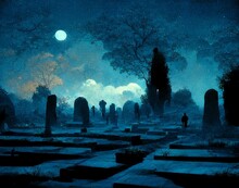 Creepy Scary Dark Ancient Cemetery In The Forest, Black Silhouettes Of Graves And Tombs Against Blue Sky Lit With Moonlight. Halloween Background