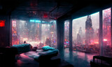 Fototapeta  - futuristic room in cyberpunk dystopian New York , digital illustration