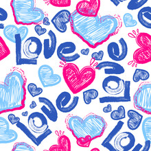 Love Seamless Pattern With Sketch Hearts Illustration. Romantic Repeat Print With Lettering.