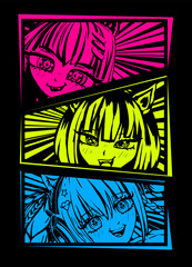 Anime girl faces illustration on comics style frame. Pretty manga girl. Teenagers poster disco style. Pop art poster