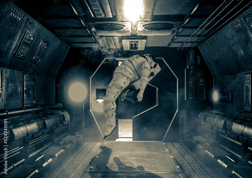 Small Dead Rocketship astronaut is dead and floating on the corridor in sci-fi spaceship ...