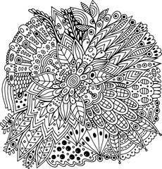 Canvas Print - Floral mandala with flowers and leaves. Doodle line art coloring page for adults. Abstract detailed trippy pattern. Psychedelic art. Vector artwork