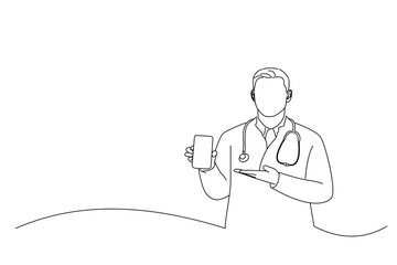 Illustration of young handsome doctor showing phone with blank screen and copy space for medical app ads. Oneline art drawing style