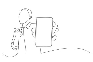 Wall Mural - Drawing of excited businessman holding big smartphone with white blank screen in hand and pointing at device. One line art