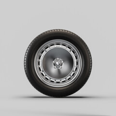 Wall Mural - Car wheel on white background. Isolated car tire with shiny rim from front view. 3d rendering