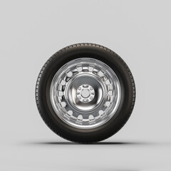 Wall Mural - Car wheel on white background. Isolated car tire with shiny rim from front view. 3d rendering