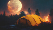 Camping In Nature In The Forest On The Banks Of The River, Yellow Tent, Bonfire, Moon. Camping, Hiking, Weekend, Tourism. 3D Illustration.