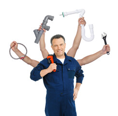 Sticker - Plumber with different tools on white background. Multitasking handyman