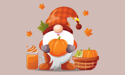 Cute cheerful gnome with pumpkin in cartoon style