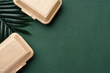 top view Recycle Eco friendly disposable food container made of paper with leaf on green background