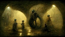 3D Illustration Of A Kids With The Monster In The Dark And Dirty Sewer With The Brown Wall