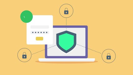 Wall Mural - cyber security management system - shield on laptop screen, protecting business information from att
