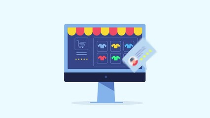 Wall Mural - ecommerce storefront on computer screen with customer review concept, 2d animation.