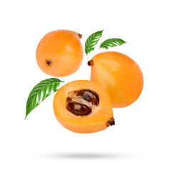 Poster - Half and whole ripe loquat fruits with leaves isolated on transparent background (.PNG)