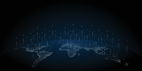 World map background illustration with futuristic communication technology. Use of Information and Interconnection. The concept of connecting people from different cities around the world.