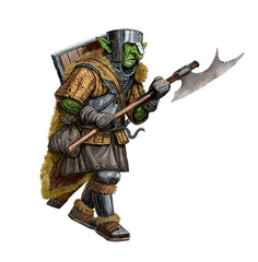 Sticker - Fantasy creature - orc. Fantasy illustration. Goblin with ax drawing.