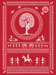 Sticker - Indian art showing kingdom of king with connection of Rural life warli painting