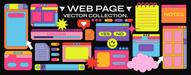 Wall Mural - retro cartoon set of web pages. geometric frames in 90s memphis style in vibrant colors. notes, web 