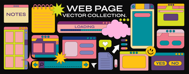 Wall Mural - retro cartoon set of web pages. geometric frames in 90s memphis style in vibrant colors. notes, web 