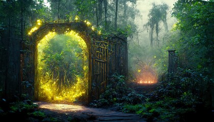Wall Mural - glowing open portal to alien world in deep green forest