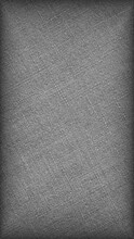 Gray Woven Surface Close-up. Linen Textile Grey Texture. Fabric Net Black And White Background. Textured Braided Len Backdrop. Mobile Phone Wallpaper With Vignetting. Macro