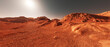 Mars planet landscape, 3d render of imaginary mars planet terrain, orange eroded desert with mountains and sun, realistic science fiction illustration.
