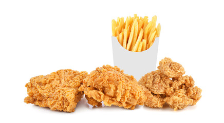 Poster - French fries in a white paper box and fried chicken with popcorn chicken isolated on white background.