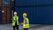 © Ron - Elderly male engineer with safety vest and helmet provides advice and support to young female worker next to blue shipping container. Elder manager is training young staff in a logistics place