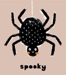 Wall Mural - Cute Hand Drawn Kawaii Style Halloween Vector Illustration with Big Black Spider and Handwritten Spooky. Funny Tarantula on a Beige Background. Cool Halloween Print ideal for Card, Poster, Wall Art.