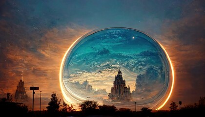 Wall Mural - Planet Earth-type, exo-planet in outer space, alien planet in far space. fantasy landscape, galaxy, unknown planet, neon space galaxy portal.  3d illustration.