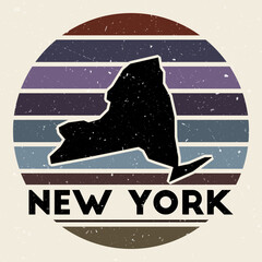 Wall Mural - New York logo. Sign with the map of us state and colored stripes, vector illustration. Can be used as insignia, logotype, label, sticker or badge of the New York.